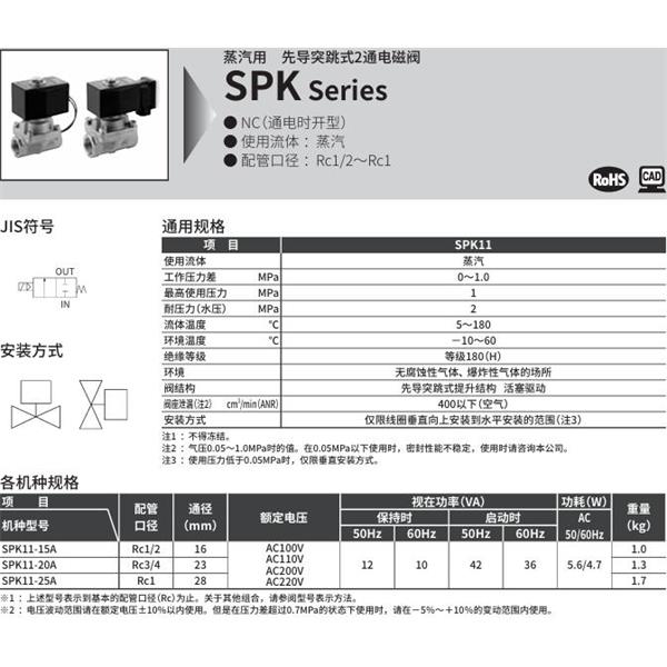 CKD喜开理蒸汽用先导突跳式2通电磁阀SPK11-15G-K4A-AC100V
