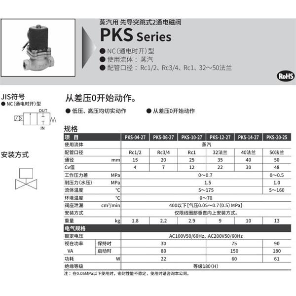 CKD喜开理蒸汽用先导突跳式2通电磁阀PKS-06-27-4N-AC100V