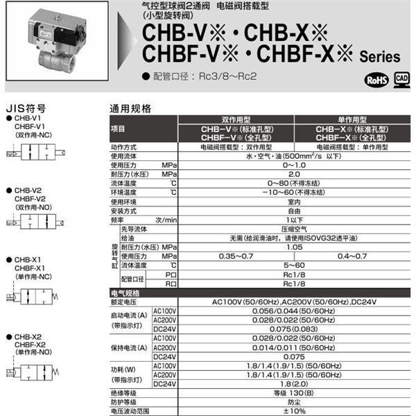 CKD喜开理气控式球阀2・3通CHB-V1-20-OB-AC100V