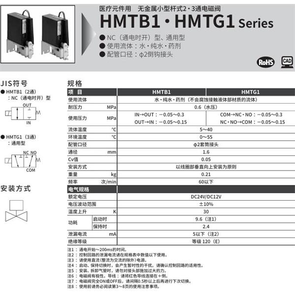 CKD喜开理医疗仪器用无金属小型杆式2・3通电磁阀HMTB1-2TN-PE-DC12V