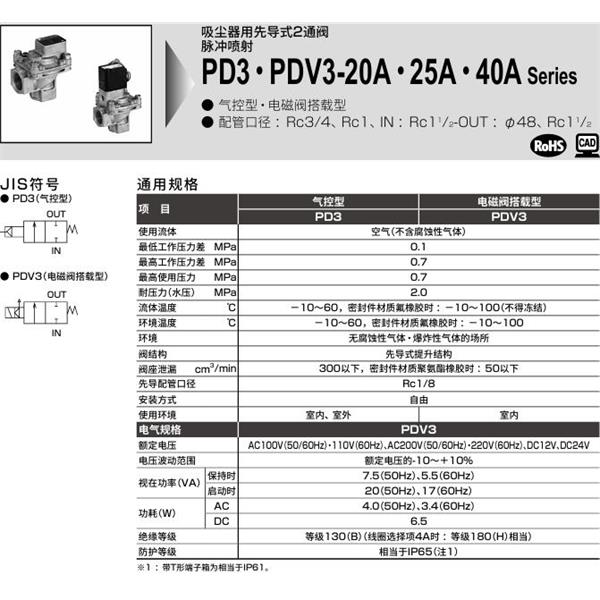 CKD喜开理脉冲喷射阀PDV3-20A-2E-AC100V