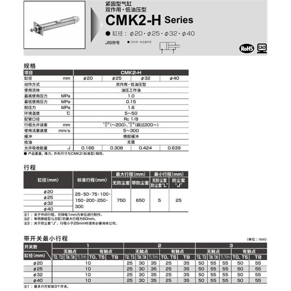 CKD喜开理紧固型气缸CMK2-H-TA-32-100-T0H-R-JI