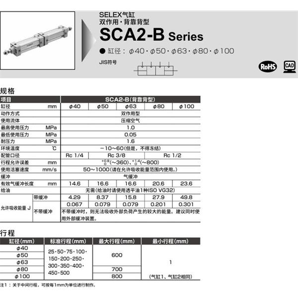 CKD喜开理SELEX气缸SCA2-B-TD-100-B100-B50-SI