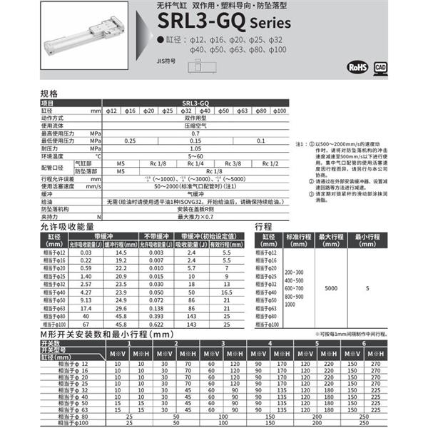 CKD喜开理超级无杆气缸SRL3-GQ-LB1-25B-200-M0H-R-B