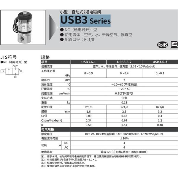 CKD喜开理多种流体小型直动式2通电磁阀USB3-6-3-V-DC12V