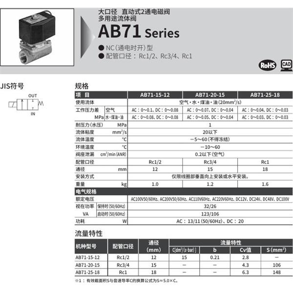 CKD喜开理多种流体直动式2通电磁阀AB71-15-15-B3MB-DC 24V
