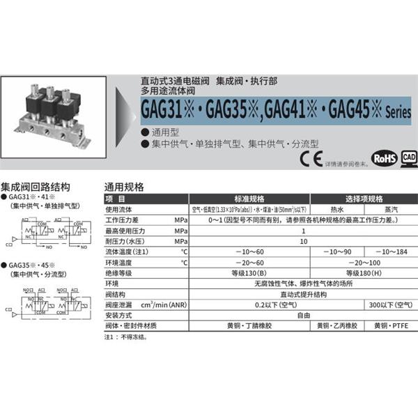 CKD喜开理多种流体直动式2通电磁集成阀GAG31G-3-10-DC 100V