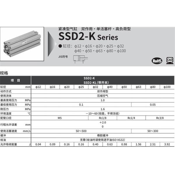 CKD喜开理紧凑型气缸SSD2-K-25-10-N-LB-I