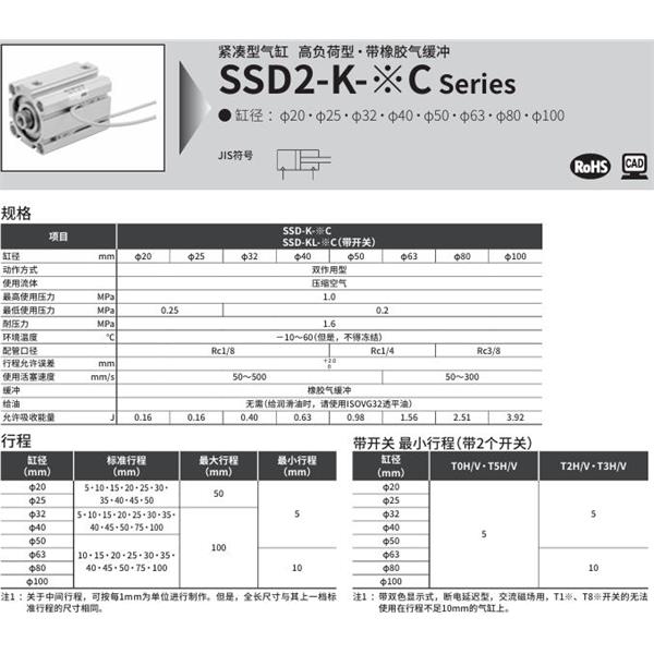 CKD喜开理紧凑型气缸SSD2-KL-50C-10-T0H-R-N-LB-I