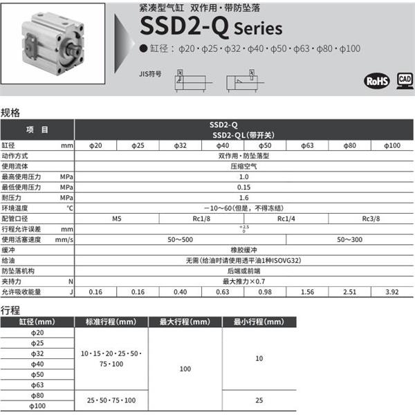 CKD喜开理紧凑型气缸SSD2-QL-40-10-R-T0H-R-NM0-LB-I
