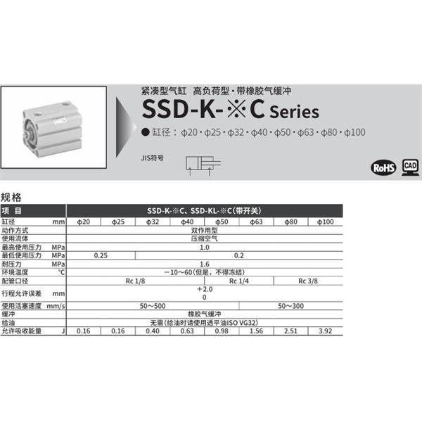 CKD喜开理超级紧凑型气缸SSD-KL-50C-10-T0H-R-N-LB-I