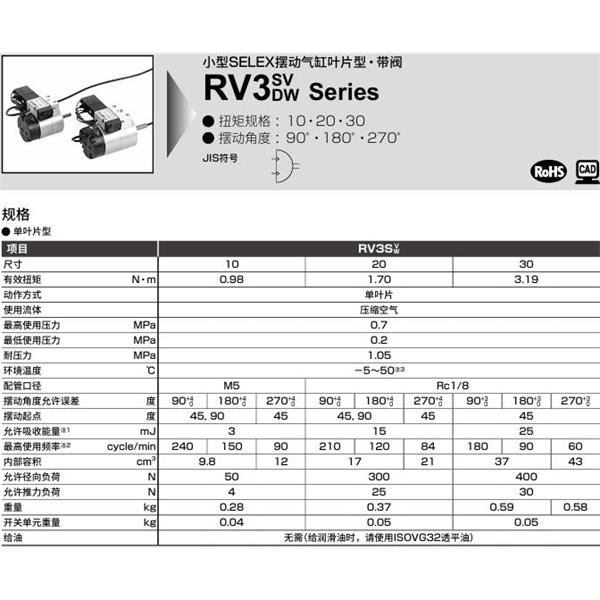 CKD喜开理台式摆动气缸RV3SV30-270-45-SR-U-LS