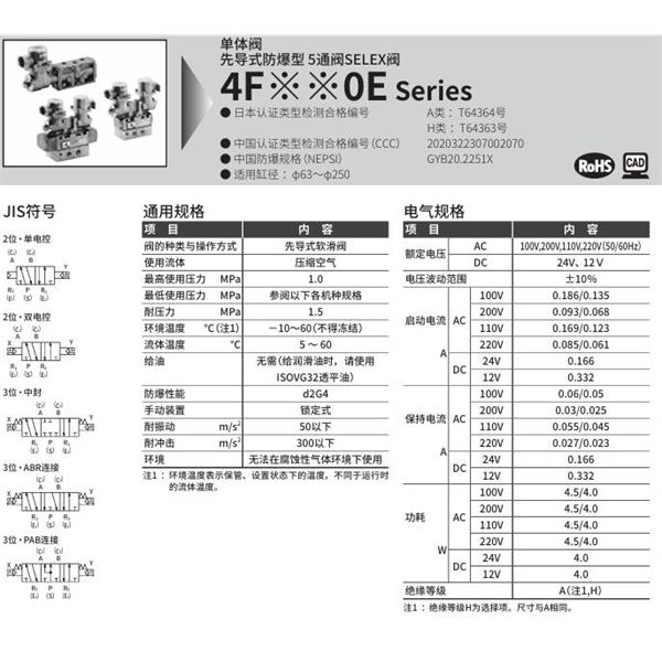 CKD喜开理先导式防爆型5通阀4F740E-25G-TP-P-X-AC100V