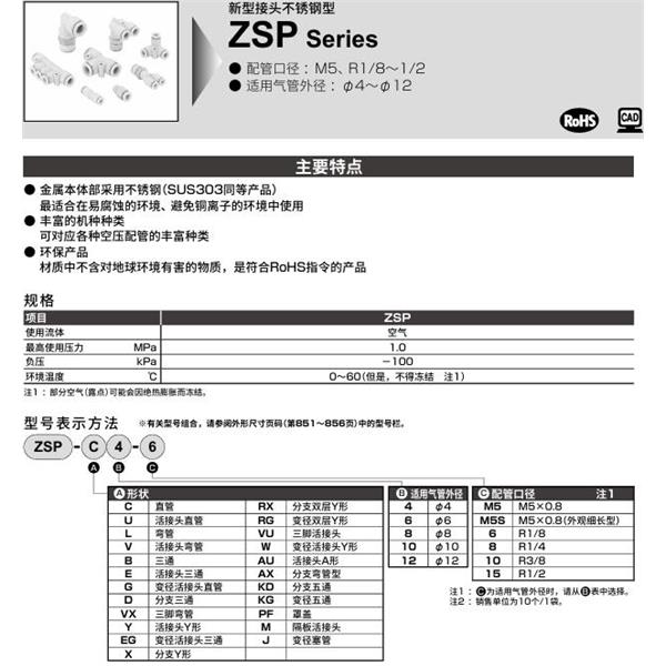 CKD喜开理新型接头 不锈钢型ZSP-C4-6
