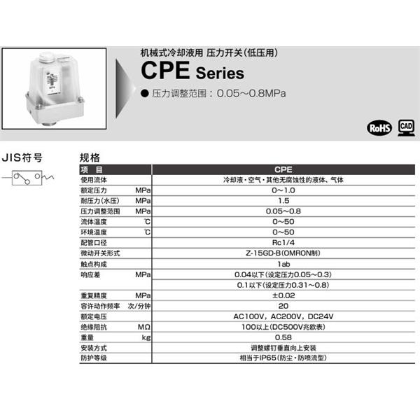 CKD喜开理冷却液用压力开关CPE-8-BG-3