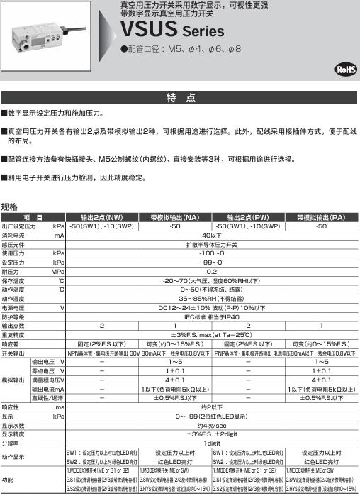 CKD喜开理带数字显示真空用压力开关VSUS-NW-4